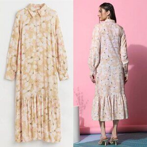 Long Sleeve Collared Floral Midi Dress with Collar, Tiered Skirt in Light Pink